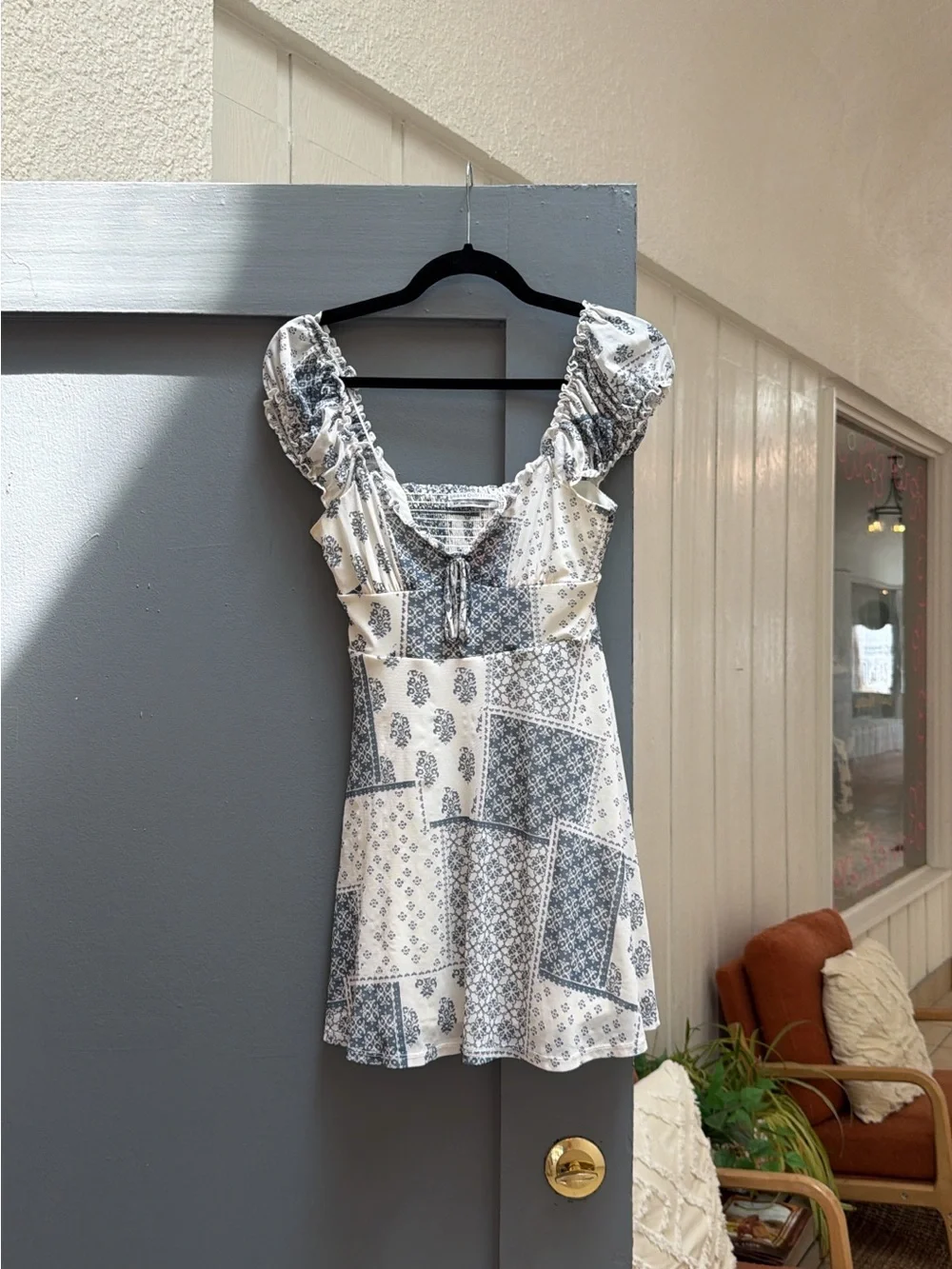 Urban Outfitters Blue and White Patchwork Print Babydoll Dress sz small